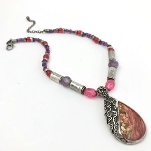 Laura Ashley Pink Purple Antique Silver Pendant Necklace